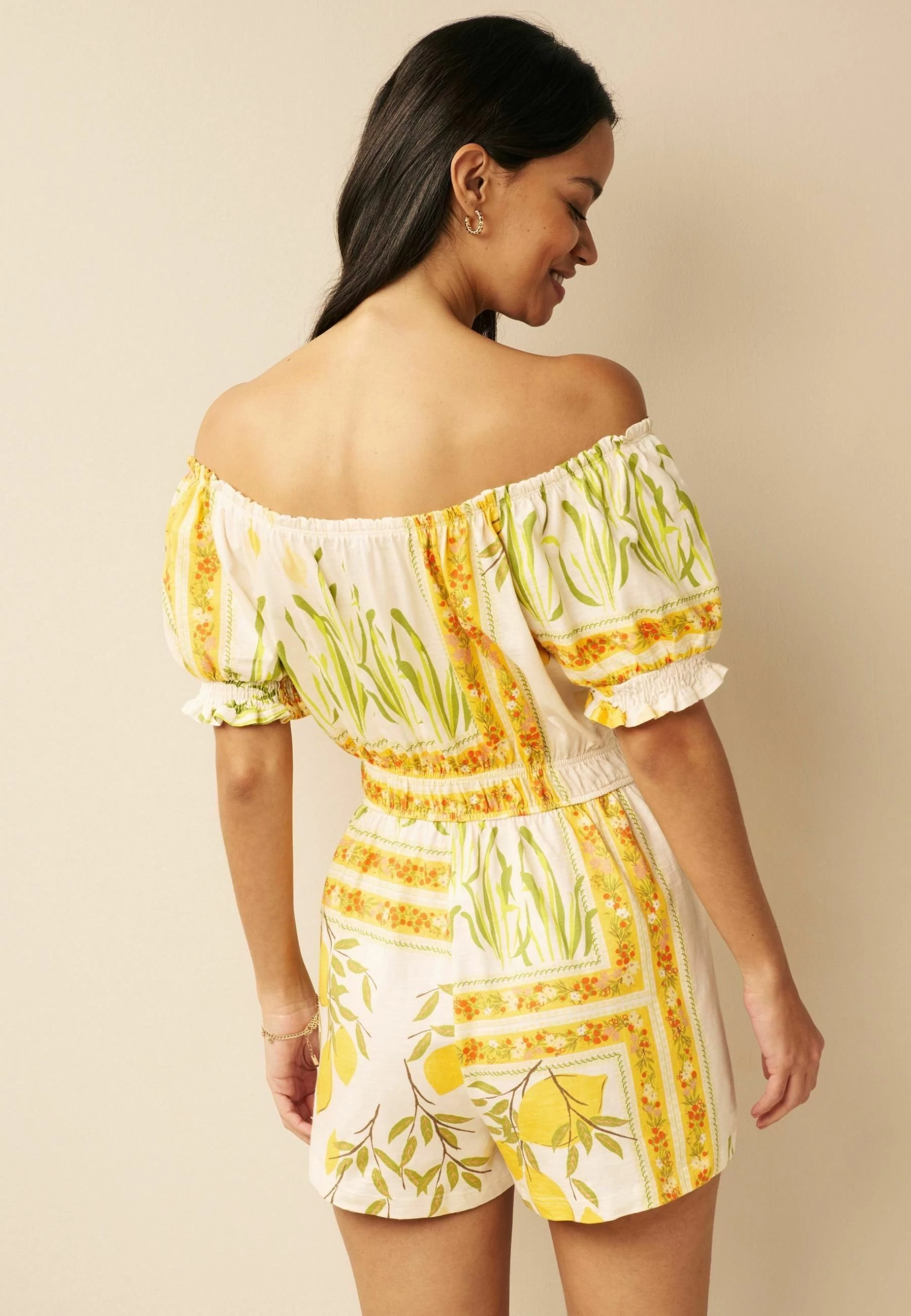 Next Puff Sleeve Bardot Play Standard - Combinaison - Ecru Cream Lemon Print – Image 2