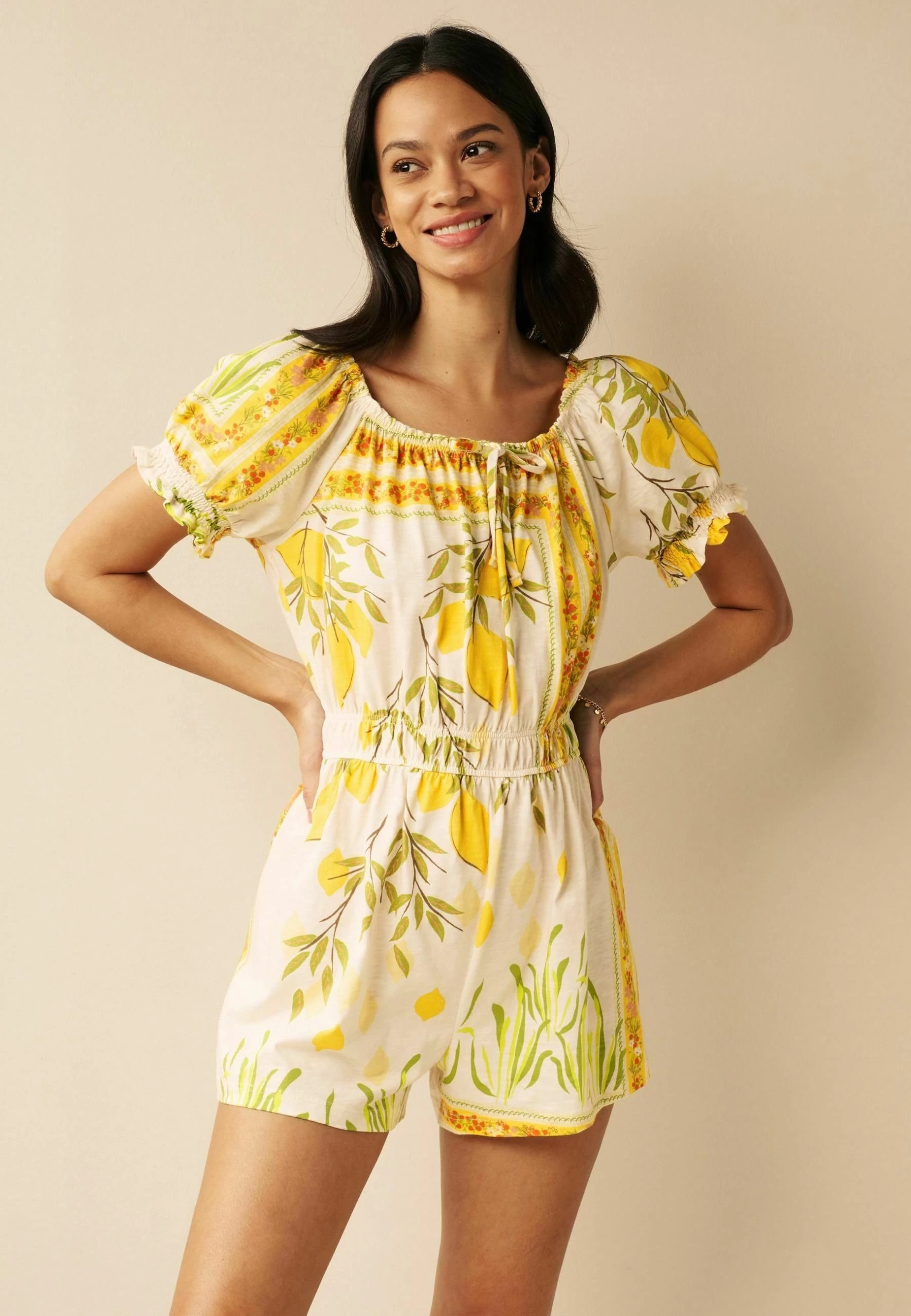 Next Puff Sleeve Bardot Play Standard - Combinaison - Ecru Cream Lemon Print