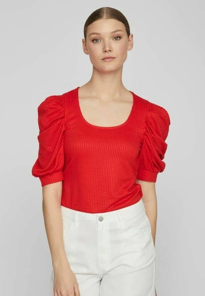 Vila Mit Kurzen Ärmeln Detailreiches - T-Shirt Imprimé - Flame Scarlet