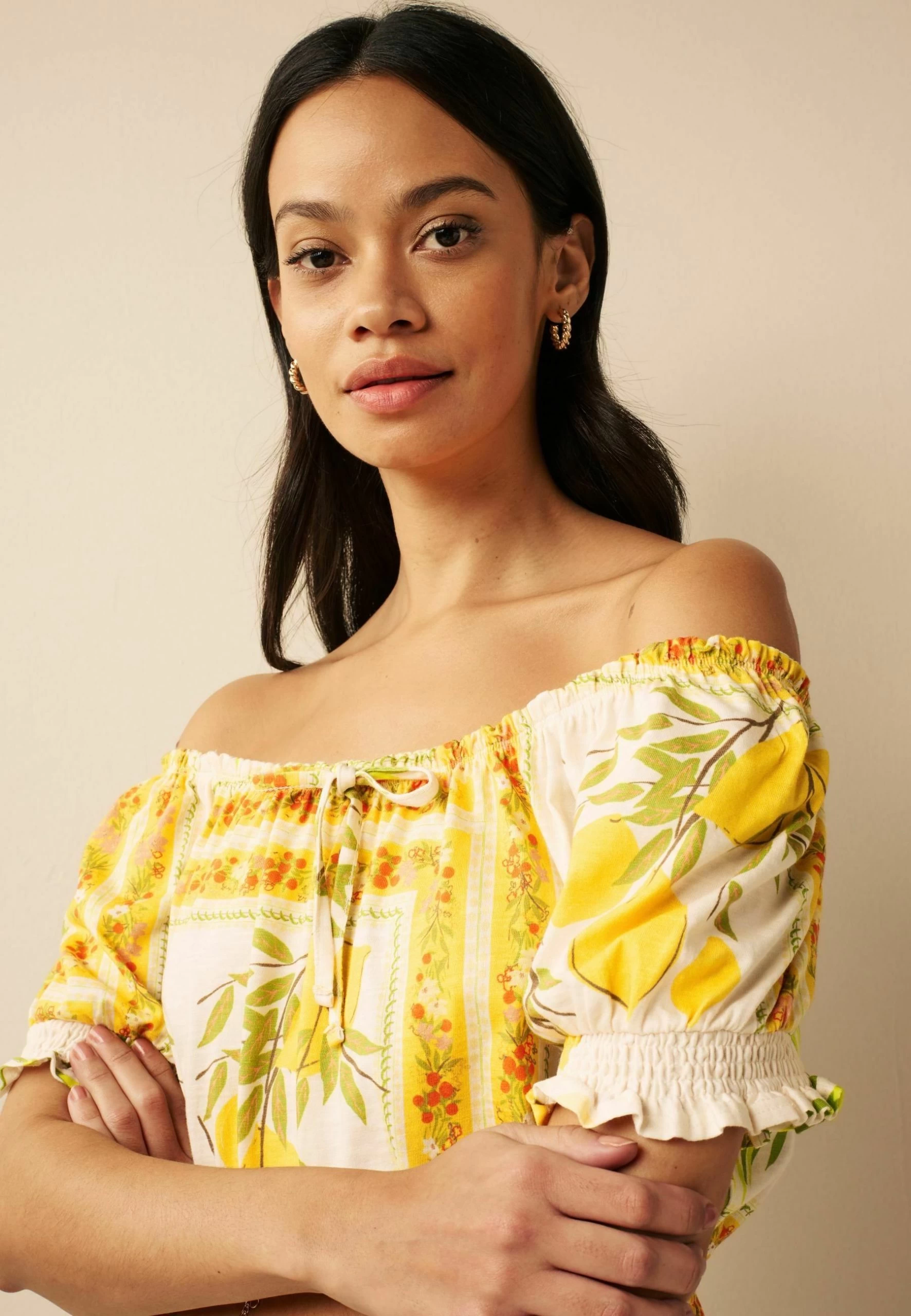 Next Puff Sleeve Bardot Play Standard - Combinaison - Ecru Cream Lemon Print – Image 3